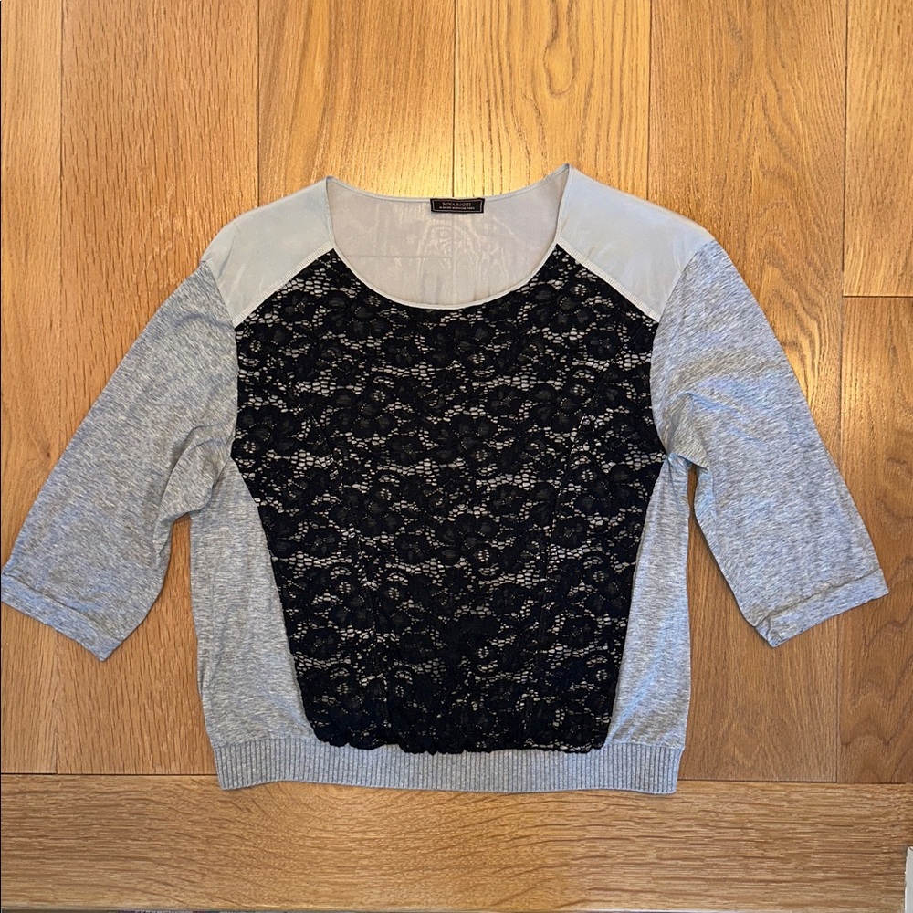Nina Ricci Heather Gray Cotton, Silk and Lace Top